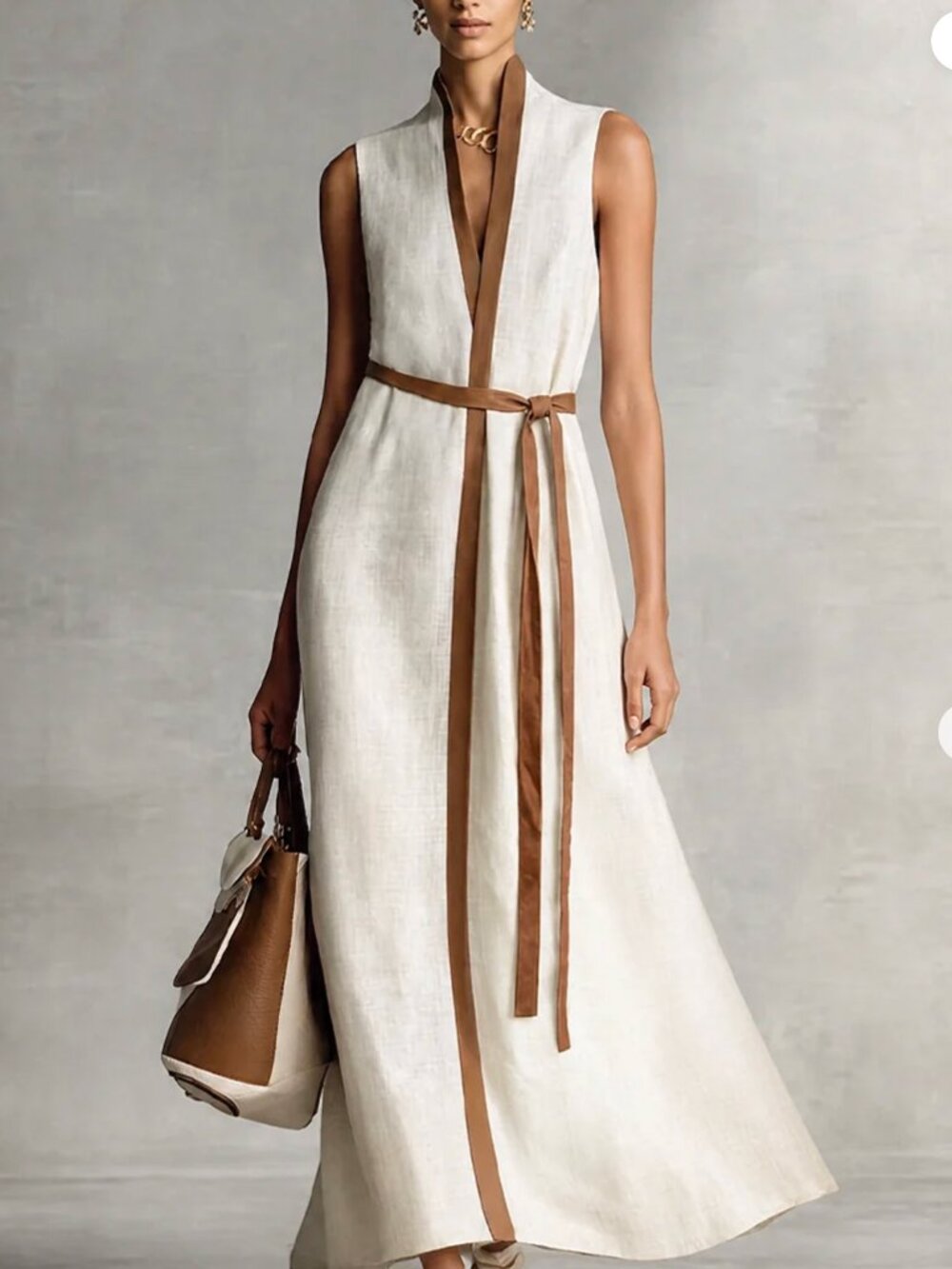MODESEES Women's Sleeveless V-Neck Tie-Waist Cotton Linen Maxi Dress /NWT/L